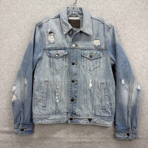 Guess Dillon Jacket Mens‎ Medium Blue Jean Denim Coat Trucker Distressed Ripped